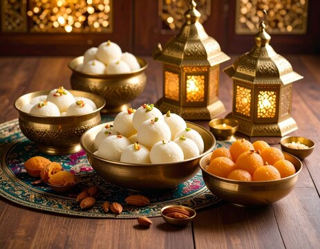 Indian traditional Assorted Sweets Rasgulla with Alpona Floor Background.