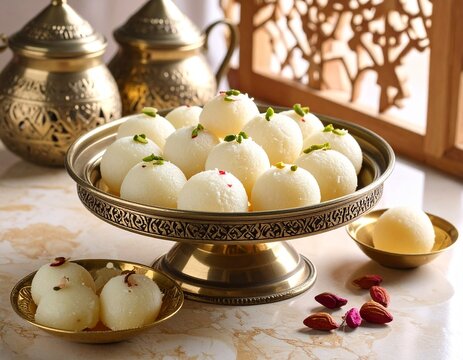 Indian traditional Assorted Sweets Rasgulla with Alpona Floor Background.