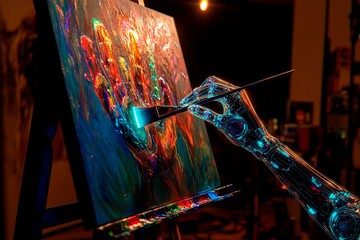 Fusion of AI and human creativity with a glowing mechanical hand painting on a canvas in an artistic studio at night