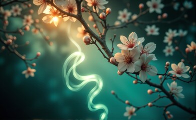 delicate branch adorned with luminous blossoms floats against a soft, dreamlike background. This ethereal composition evokes tranquility and beauty, perfect for nature and floral themes.