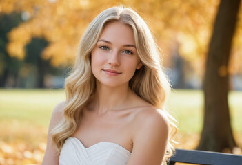 Beautiful Young Woman with Blonde Wavy Hair Smiling in Autumn Park