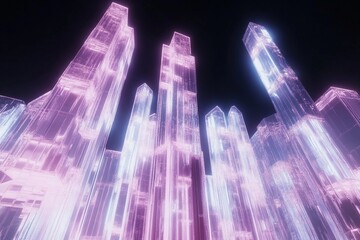 Holographic cityscape featuring towering glass skyscrapers illuminated in a futuristic urban setting