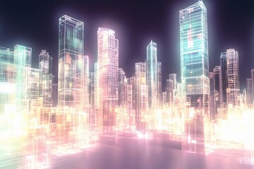 Holographic cityscape featuring towering glass skyscrapers illuminated in a futuristic urban setting
