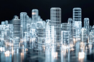 Holographic cityscape featuring towering glass skyscrapers illuminated in a futuristic urban setting