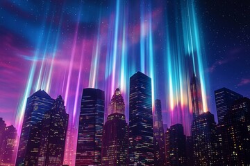 Futuristic city skyline features glowing skyscrapers with colorful lights at night creating a vibrant urban atmosphere
