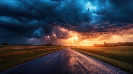 Fototapeta premium Dramatic Thunderstorm Sunset Over Country Road