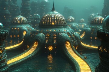 Symmetrical underwater city features bubble-like domes and illuminated pathways creating a serene aquatic environment