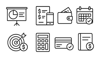 Business and finance outline icons set – linear, flat, accounting symbols