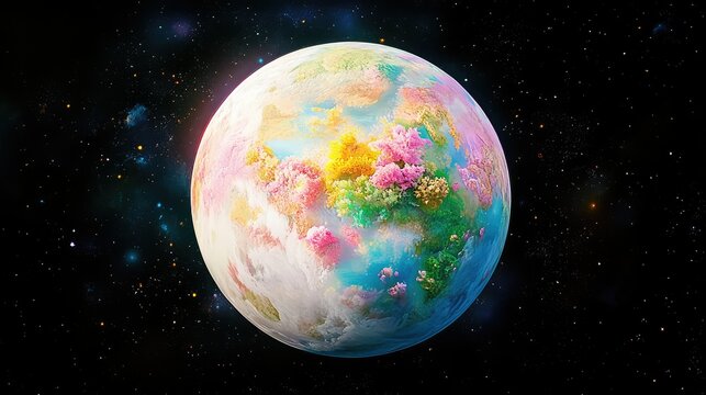 Illuminated Earth in orbit, vibrant and glowing with clouds and ocean detail, positioned to leave text space