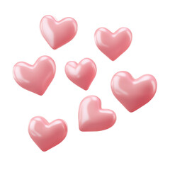 A collection of seven pink heart shaped objects scattered on a black background, glossy and three dimensional