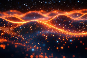 Colorful glowing waves of orange light and particles create a mesmerizing visual effect in a dark cosmic background
