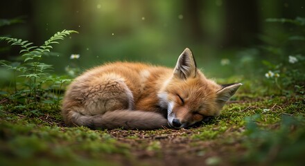 Sleeping fox in forest