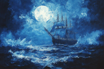 Fototapeta premium A ship sails under a starry night sky on a calm ocean, its lights reflecting on the water, creating a serene and peaceful scene.