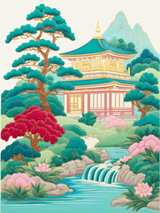 Enamel-colored illustrations of landscape pavilions and terraces