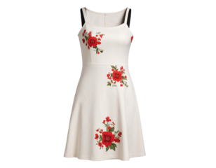 Vintage-inspired bodycon mini dress with thin straps and red flowers isolated on a transparent background