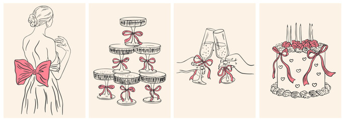 Hand drawn chalk Italian style wedding posters. Wine, champagne tower, bride, cake drawings for wedding invitations, menu and parties. Ink doodle sketch style. Coquette vintage vector illustrations © PawLoveArt