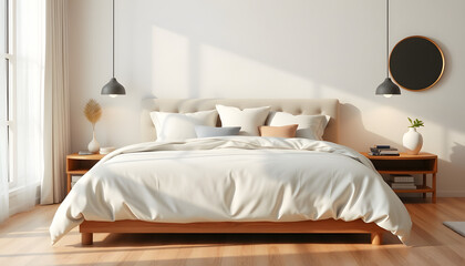 "Spacious cozy bed topped with a fluffy muffin and layers of plush pillows in a warm bedroom setting", low-poly. isolated with white highlights