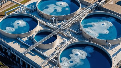 Aerial view of circular water treatment tanks with blue liquid and white foam in a plant setting