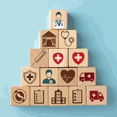 Health Insurance and Medical Care Concept. Wooden blocks arranged with healthcare icons representing medical insurance, hospitals care, doctors, medical services, coverage, and wellness protection