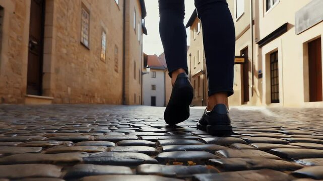 Person walking on a historic cobblestone street in an old town
