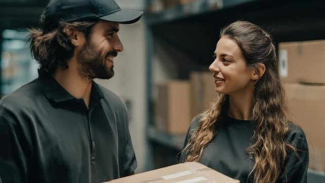 Logistics Exchange: A delivery person hands over a package to a customer in a warehouse setting, symbolizing a successful exchange and efficient service.