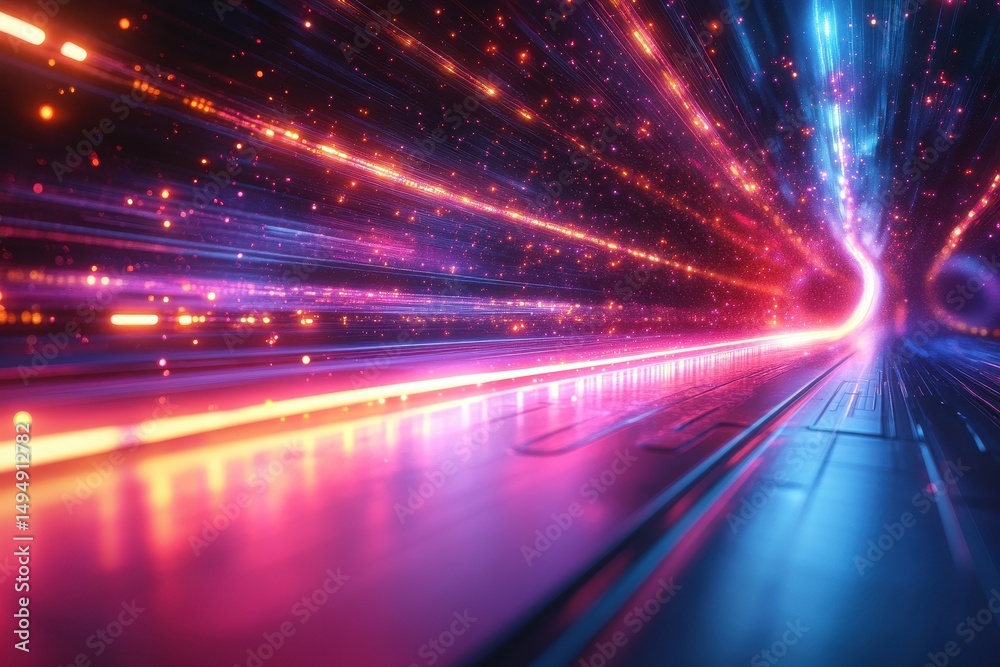 Poster dynamic light trails create a vibrant visual spectacle in an abstract space environment at twilight