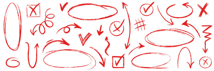 Red pencil hand drawn various oval, chalked arrows, check marks. Vector doodle marker drawing. Hand drawn charcoal symbols for diagrams. Freehand grunge red strikethrough and underline elements