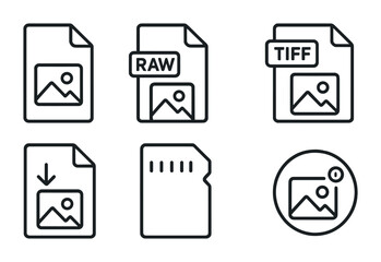 Photography and imaging icons set – linear, outline, camera and editing symbols