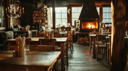 A cozy, rustic dining hall with wooden tables and a warm fire in the hearth, perfect for a mountain lodge atmosphere
