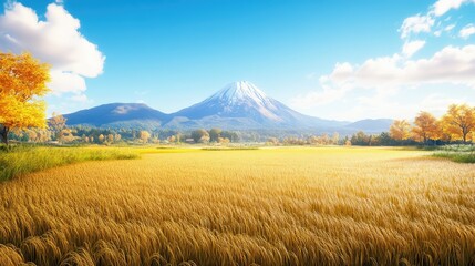 Obraz premium Realistic 3D Mount Fuji view with rippling golden rice fields in the foreground and a crisp blue sky