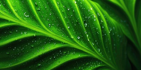 Close up of a vibrant green leaf covered in water droplets.