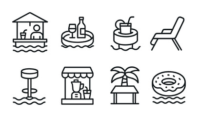 Beach and leisure outline icons set – linear, line, summer and relaxation symbols