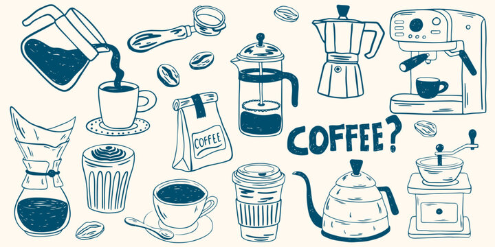 Hand drawn coffee chalk vector illustrations. Minimalist line art. Vector illustration of coffee icons crayon drawing style. Illustration for invitations, menus design, social media. La dolce vita.