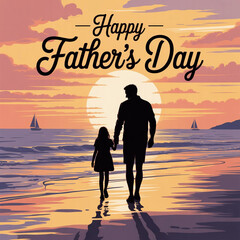 A father and daughter silhouettes on a sunset background with an orange sunset behind them