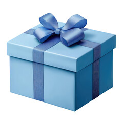 Fototapeta premium A light blue gift box with a matching ribbon and bow sitting against a black background in a studio shot