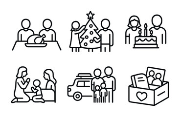 Family and celebration outline icons set – holiday, linear, festive symbols