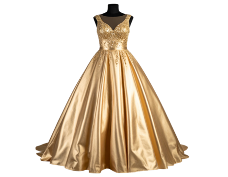 A golden wedding dress made of gold metal isolated on a transparent background - Powered by Adobe