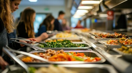A group of college students enjoying a meal together in a university dining hall, with a variety of cafeteria-style dishes on their trays