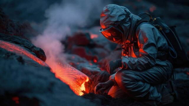 Volcano Explorer: A courageous individual, encased in a protective suit, fearlessly examines the flowing molten rock of a volcanic eruption, captured in a moment of scientific curiosity and danger.
