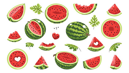 Watermelon Icon Set Flat Illustrations of Whole Fruit and Slices on White Background. Minimalist Design for Stickers, Logos, Summer Graphics, Food Packaging, Social Media and Digital Projects.