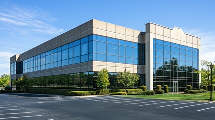A large corporate office building with glass windows and sleek architecture, representing a successful business environment