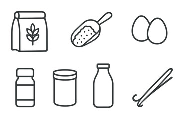 Baking ingredients outline icons set – cooking, kitchen essentials, recipe symbols