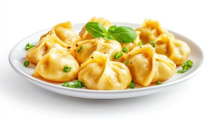 Steaming boiled dumplings with soft folds on simple white plate, isolated on bright white surface