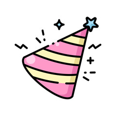 Pink and yellow party hat icon perfect for birthday celebrations, festive events, party decorations, and fun costume accessories for all ages.