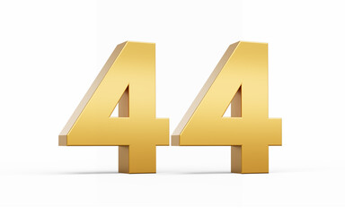 3D Golden number 44 Forty four isolated on white background, 3d illustration