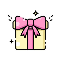 Yellow gift box with a pink bow icon. Ideal for birthday cards, gift shop flyers, celebrations invitations, and festive social media posts.