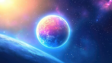 Fototapeta premium Stunning blue Earth glowing softly in space, realistic details with generous room for overlay text