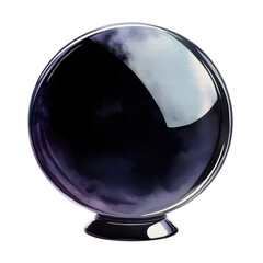 A glossy dark crystal ball with a white reflection sitting on a small black stand on a black background