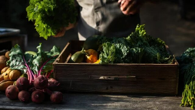 Fresh Harvest Bounty: A farmer displays a vibrant selection of fresh produce, showcasing nature's goodness in a close-up shot of organic, seasonal ingredients