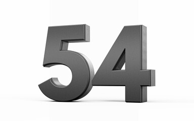 Sleek metallic Black number 54 Fifty four standing on a white background, 3d illustration